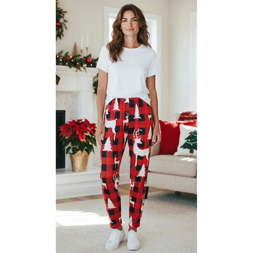 Kids Red Buffalo Plaid Christmas Reindeer Pajama Pants Joggers‎ Size 10-11Y